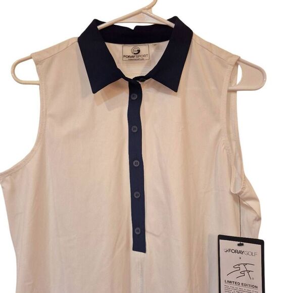 Foray Golf Women's White & Navy Nylon/Spandex Core Sleeveless Polo Shirt NEW - Picture 3 of 14